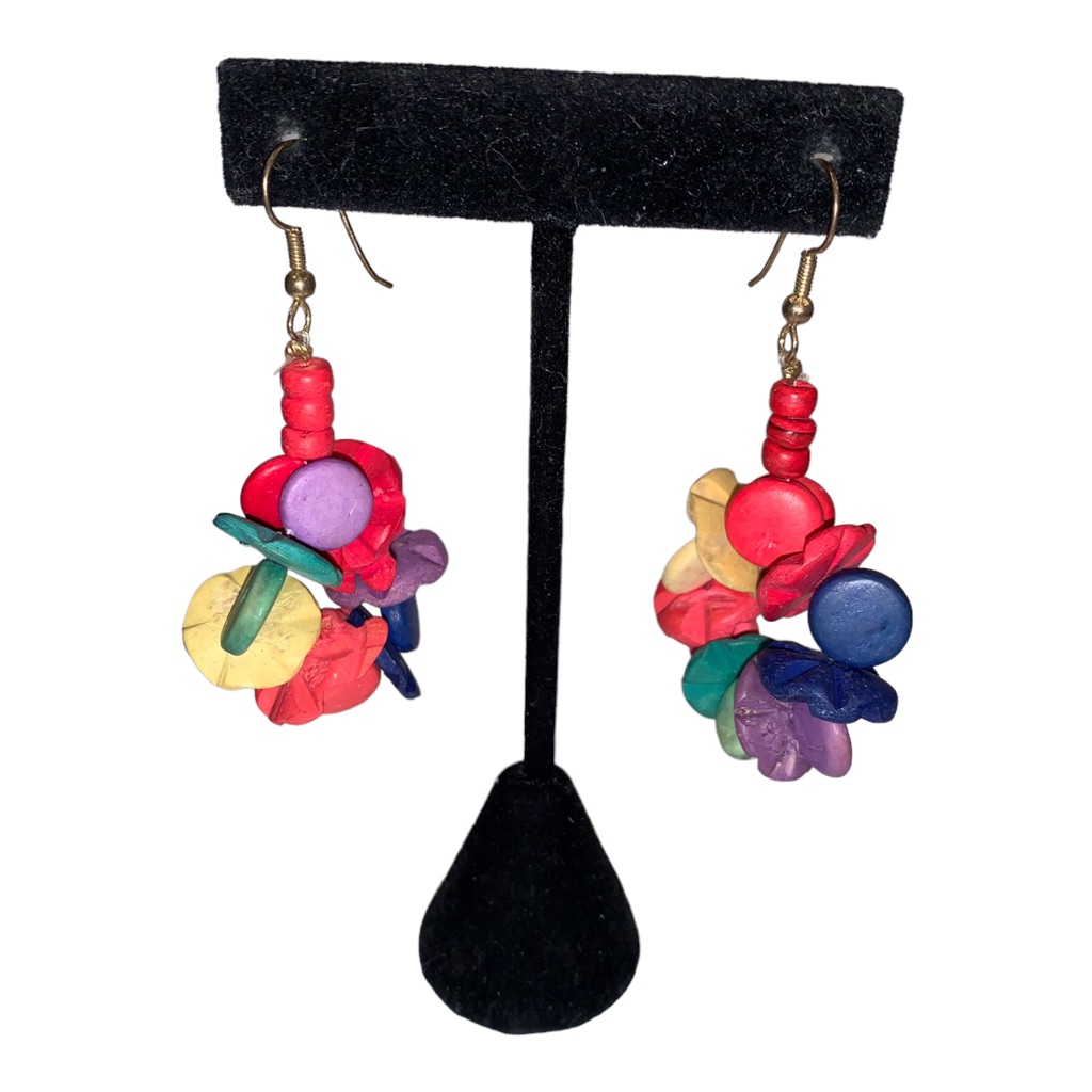 Vintage Bright Festive Multi Colored Wooden Beaded Pierced Earrings 22$